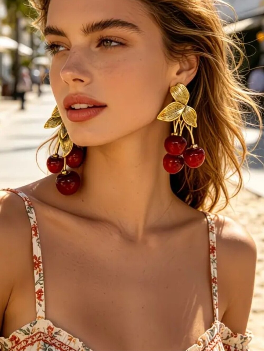 Chunky Cherry Drop Earrings Brass Gold Tone with Red Glass Cherries